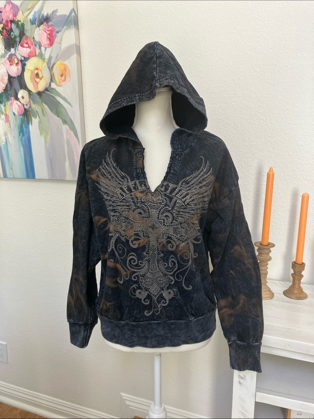 Affliction Women’s Black Distressed Hooded Sweatshirt Embellished Wing Design